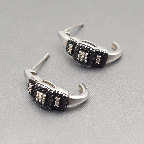 Sterling Silver & Black Rhinestone Half Hoop Post Earrings .75" Prong Setting - Picture 3 of 9